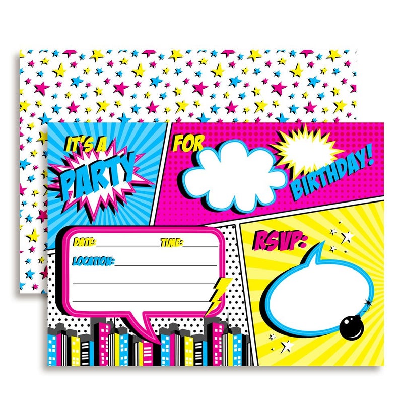 Amanda Creation Super Hero Comic Book Birthday Party Invitations for Girls, 20 5x7 Fill In Cards with Twenty White Envelopes by AmandaCreation - Image 1